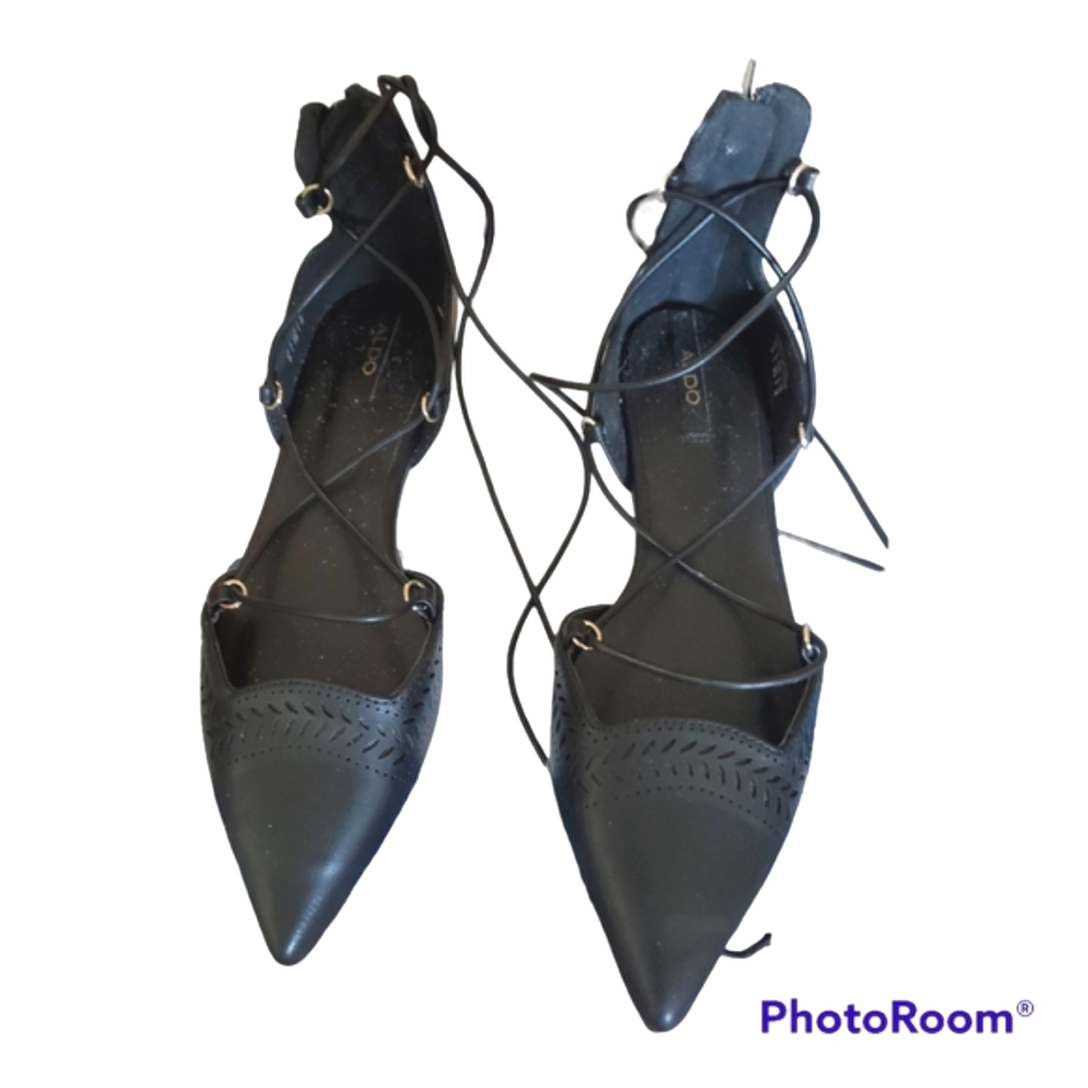 ALDO Pointed Toe Ballerina Ankle Wrap Black Flats - Size 5 / 35